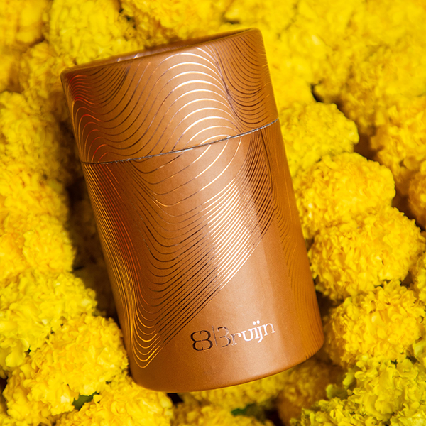 Cylinder paper jar of spiced nashta nuts – 100g mix of almonds, cashews, raisins, and curry leaves.