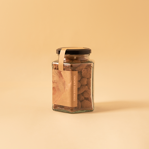 Caramelised almonds dipped in dark chocolate & dusted in cocoa