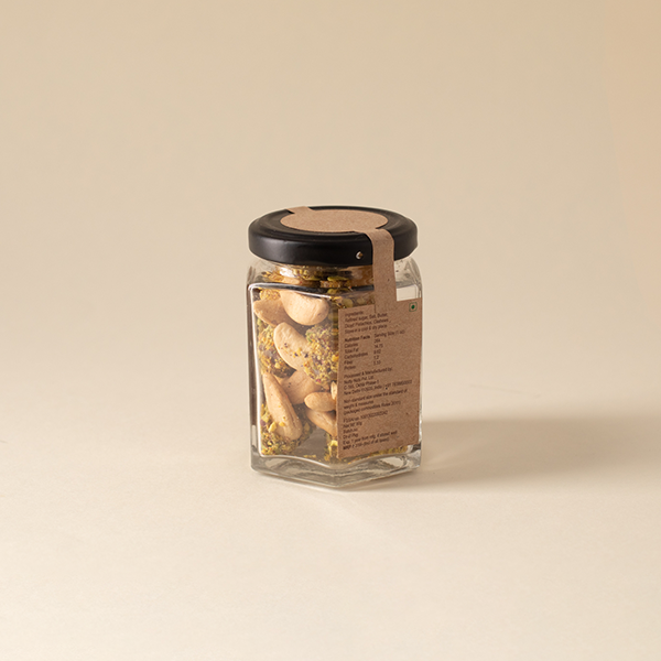 Salted, roasted cashews encrusted with caramelised pistachio bits