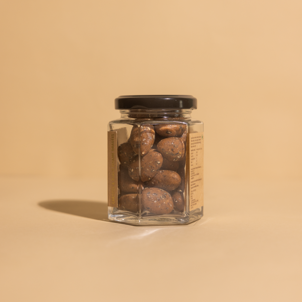 Black sesame and caramelised white chocolate coated almond dragees