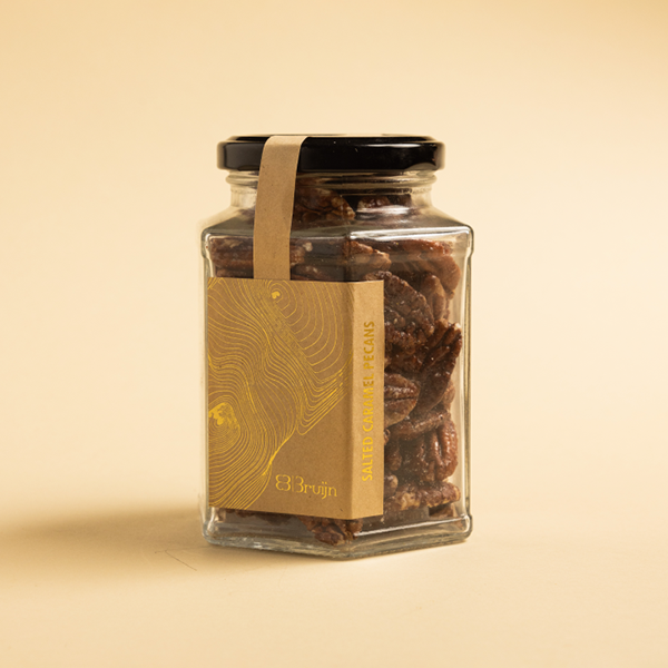 Jar of salted caramel pecans – 80g, vegan, gluten-free, no refined sugar.