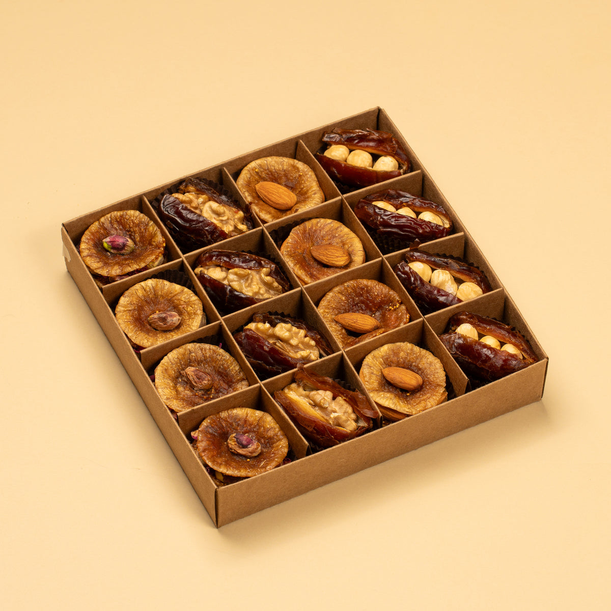 a box with stuffed dates and stuffed figs 