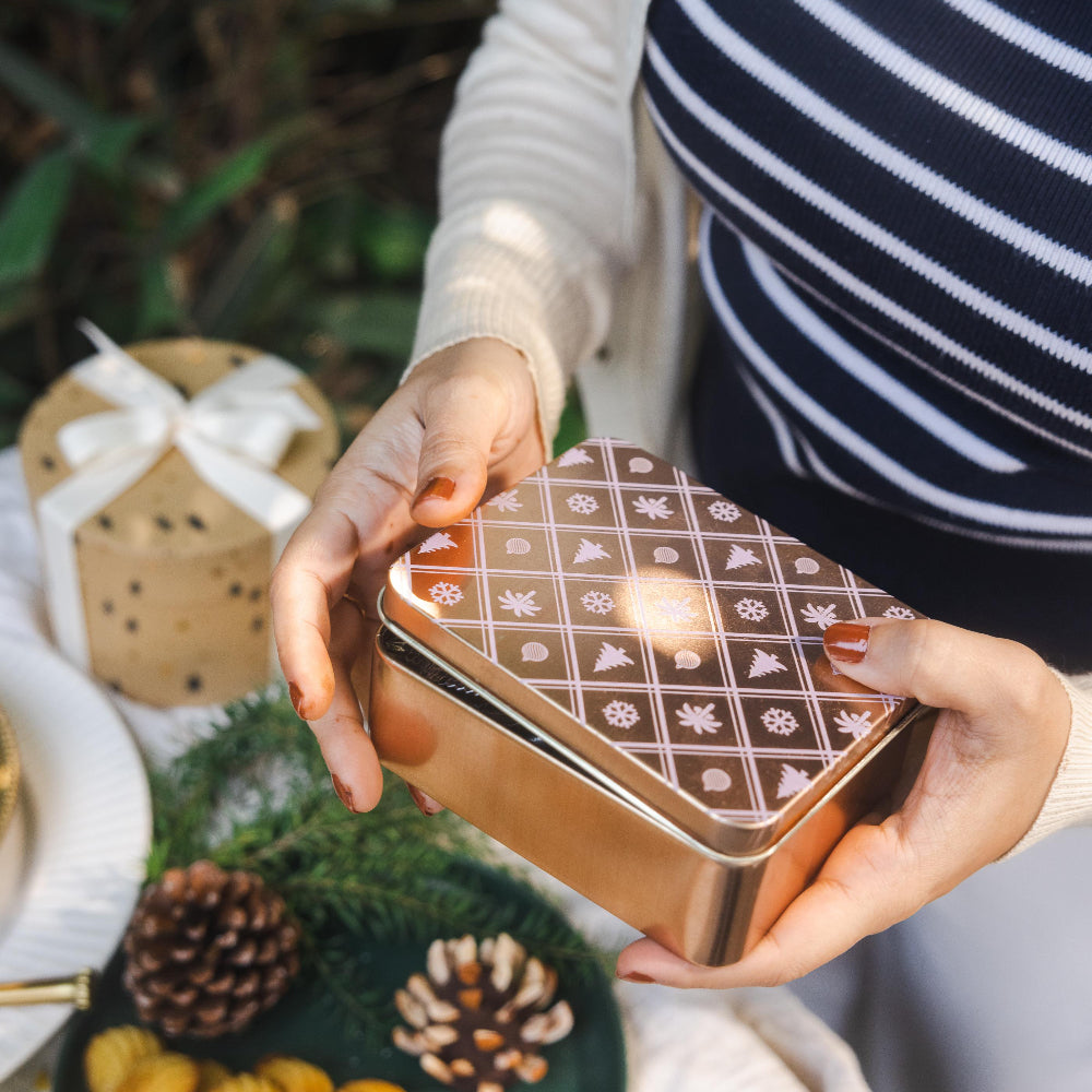 Medjool dates stuffed with artisanal marzipan flavours of pistachio, bitter almond, orange and chocolate in a Christmas tin 