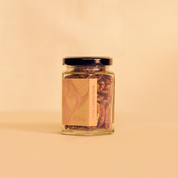 Jar of salted caramel pecans – 80g, vegan, gluten-free, no refined sugar.