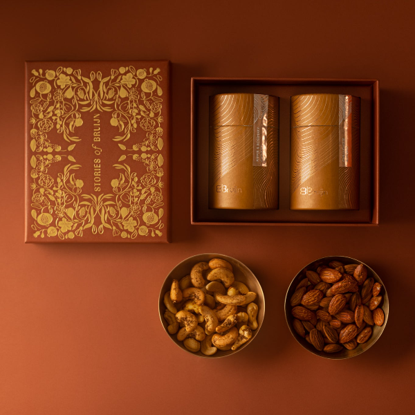 Mini box with 2 savoury nuts. 100 gm Cylindrical boxes each. Gifting.