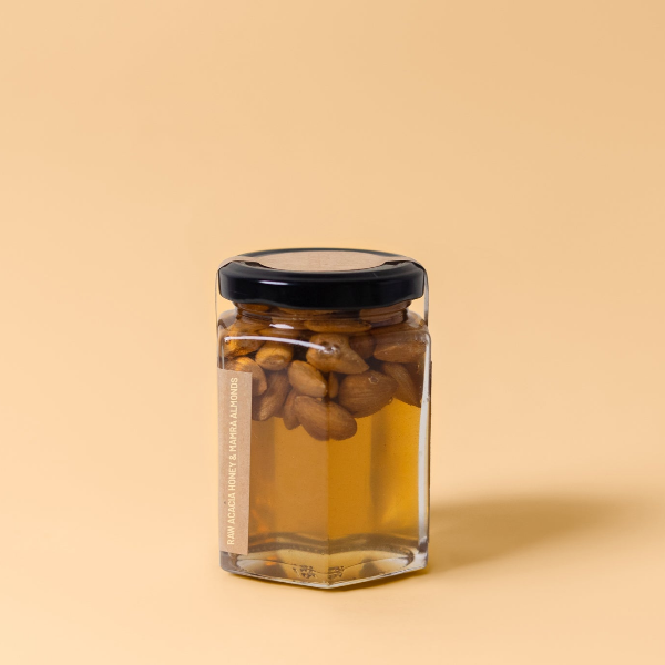 Raw Acacia Honey and Mamra Almonds in a 200 ml Jar