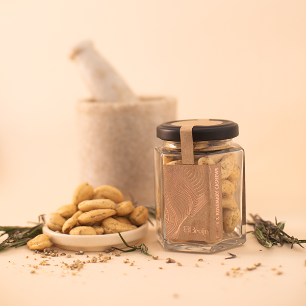 savoury, Indian cashews flavoured with white pepper and crushed rosemary sprigs reminiscent of Sicilian cuisine