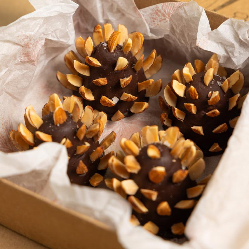 An edible pinecone made from molten dates, candied dried fruits and biscuit