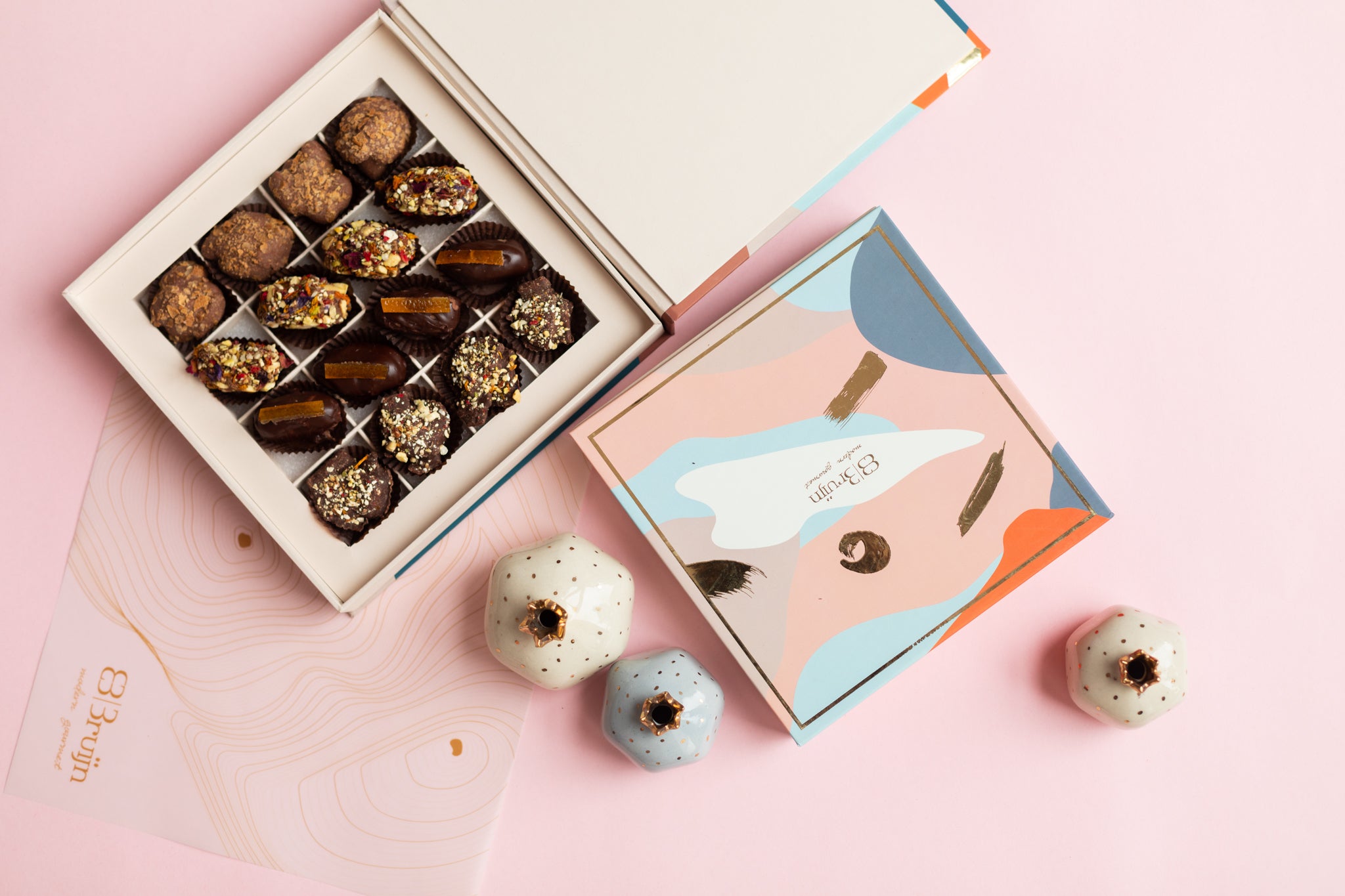 Candid box with almond & caramel rocks, chocolate orange dates and date tamariyas for birth and baby announcements 