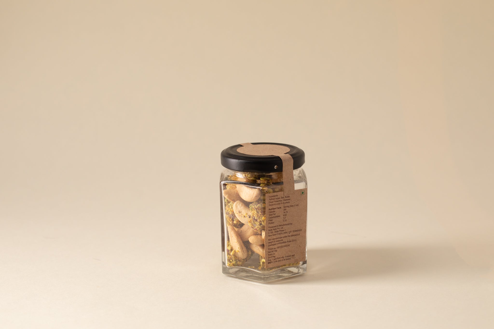 Salted, roasted cashews encrusted with caramelised pistachio bits